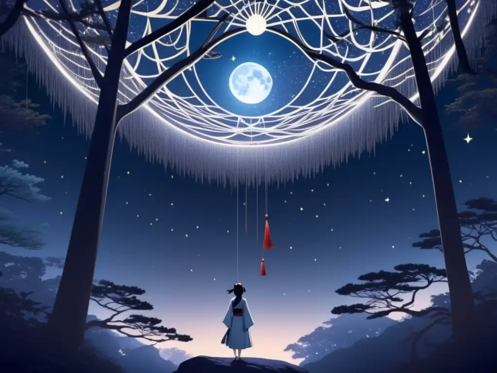 Jorōgumo yōkai seductora bajo el cielo estrellado