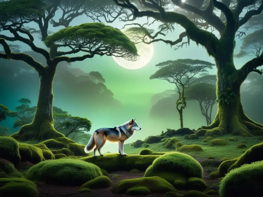 Un bosque místico iluminado por la luna en Mesoamérica, con un majestuoso lobo de plata y símbolos mesoamericanos flotando