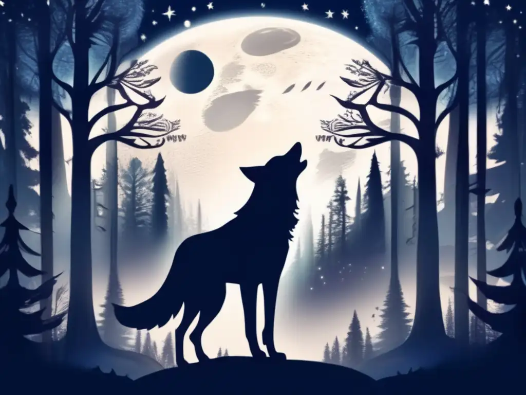 Bosque místico bajo la luna Historia tatuajes licántropos hombres lobo en bosque místico con figuras tatuadas y animadas de lobos y fases lunares