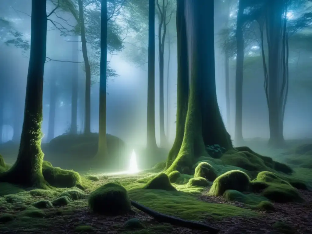 Criaturas legendarias y mitológicas en un bosque iluminado por la luna, envuelto en neblina y sombras