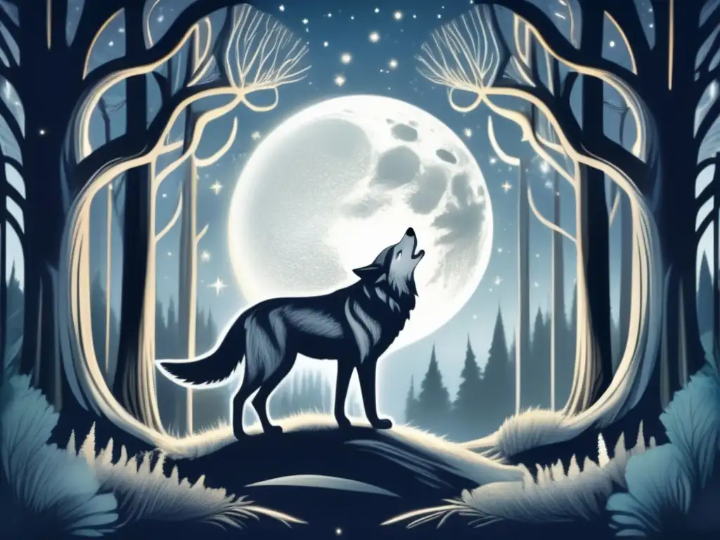 Imagen de un bosque iluminado por la luna, con un lobo plateado en el centro