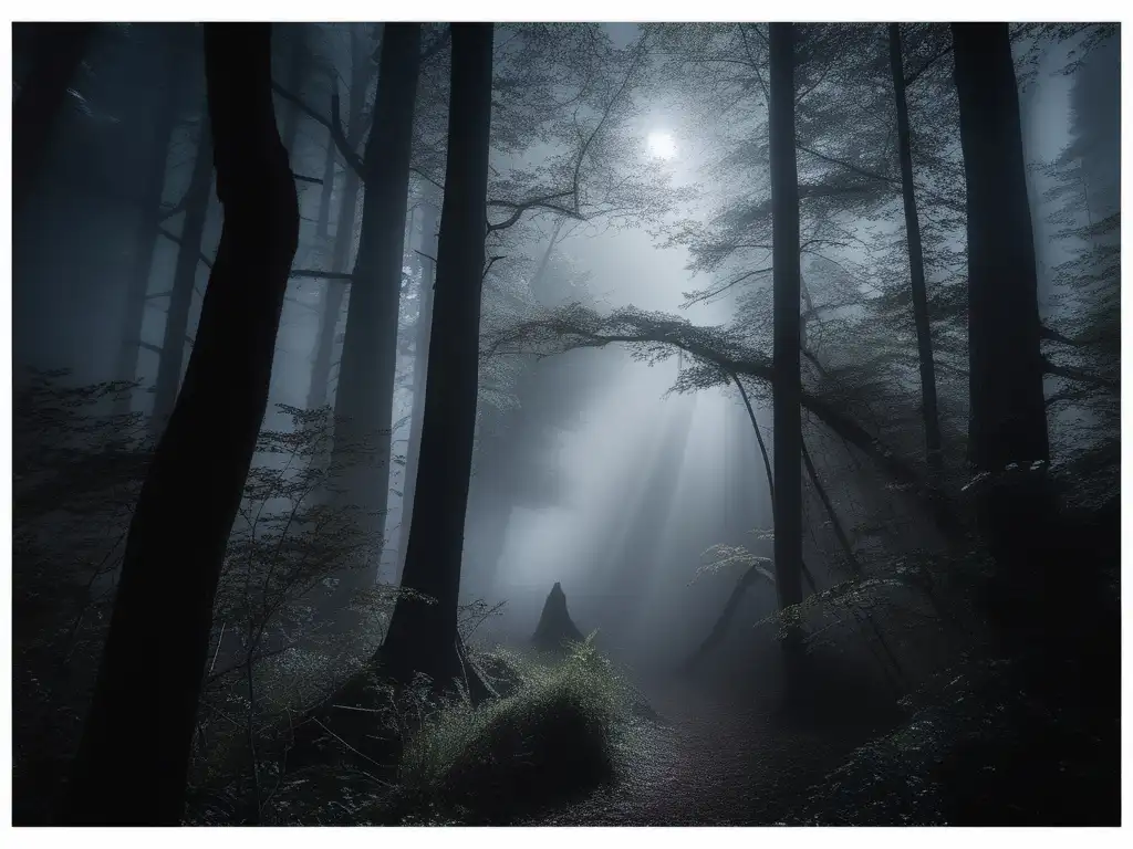 Criaturas mitológicas europeas sombrías en un bosque misterioso, iluminado por la luna