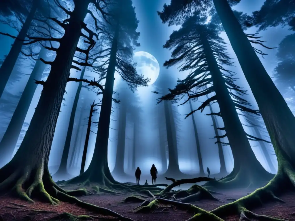 Criaturas mitológicas europeas sombrías en misterioso bosque lunar