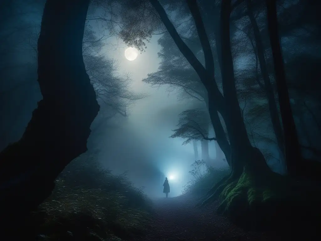 Monstruos literatura moderna representan: imagen etérea de un bosque iluminado por la luna, envuelto en niebla