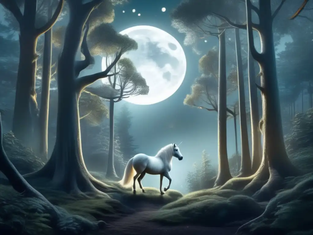 Criaturas míticas nocturnas y la luna en un bosque iluminado por su resplandor