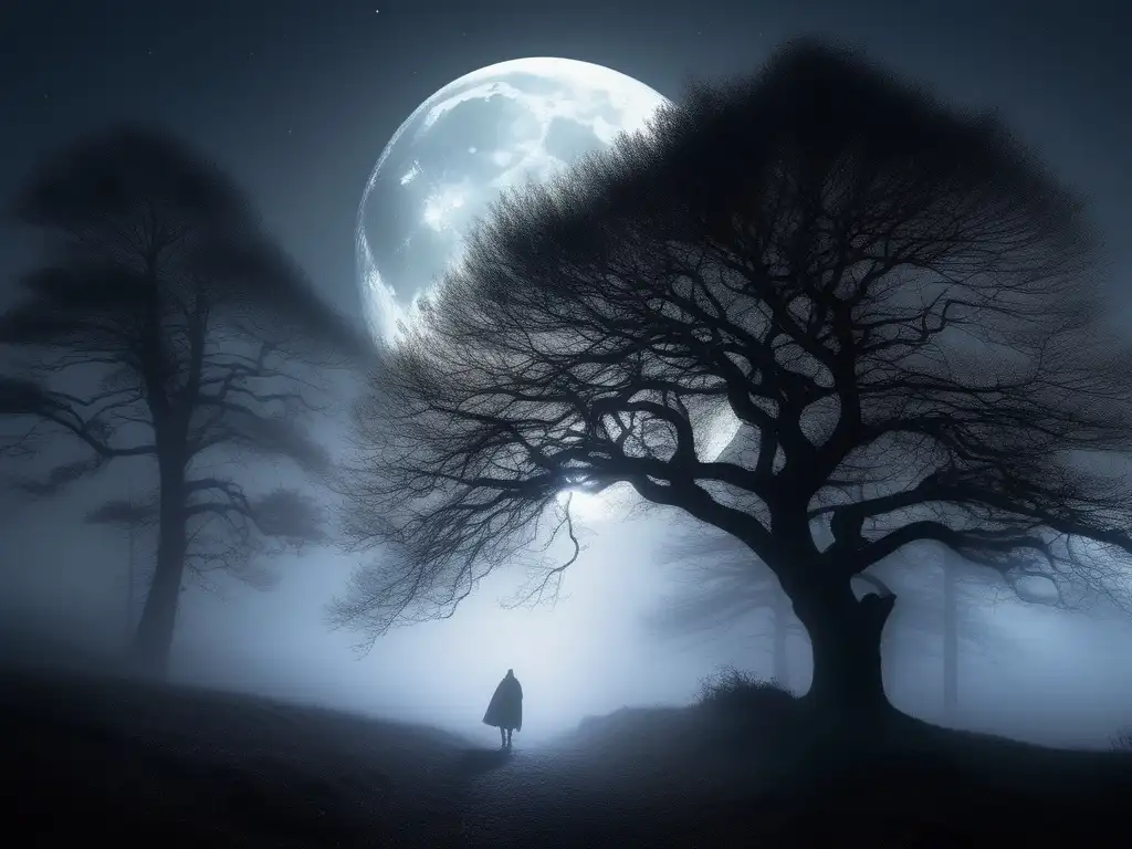 Un bosque de luna llena, con niebla y un hombre lobo en Europa