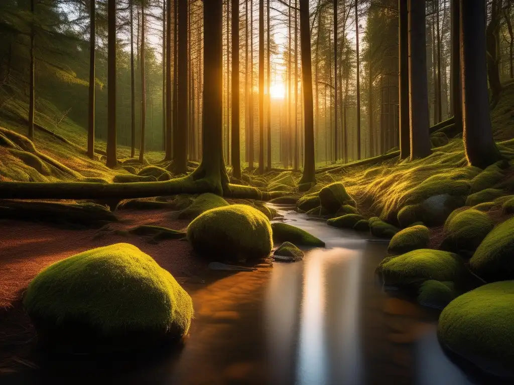 Un bosque sereno y mágico al atardecer, con luz dorada filtrándose entre los altos árboles y sombras difusas en el suelo cubierto de musgo