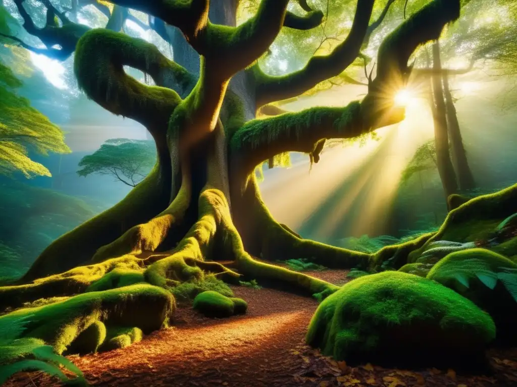 Bosque mágico al atardecer, árboles ancestrales, ent majestuoso, ciclo vida criaturas mitológicas