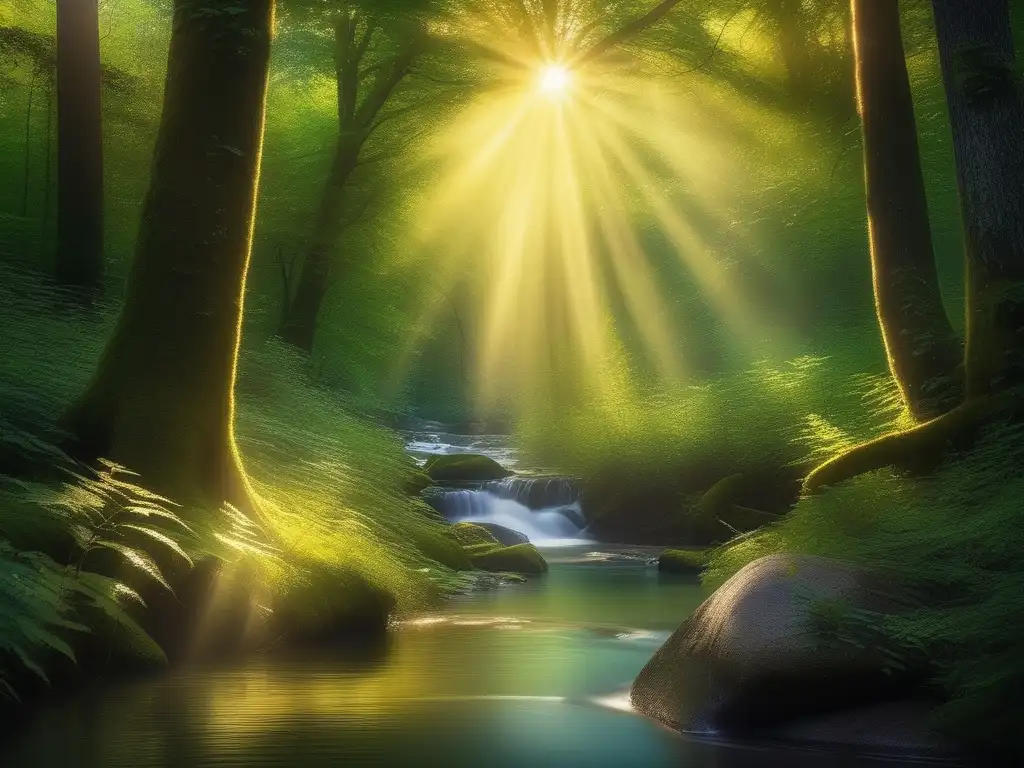 Imagen de bosque encantado con sol dorado, árboles altos, arroyo cristalino y flores silvestres