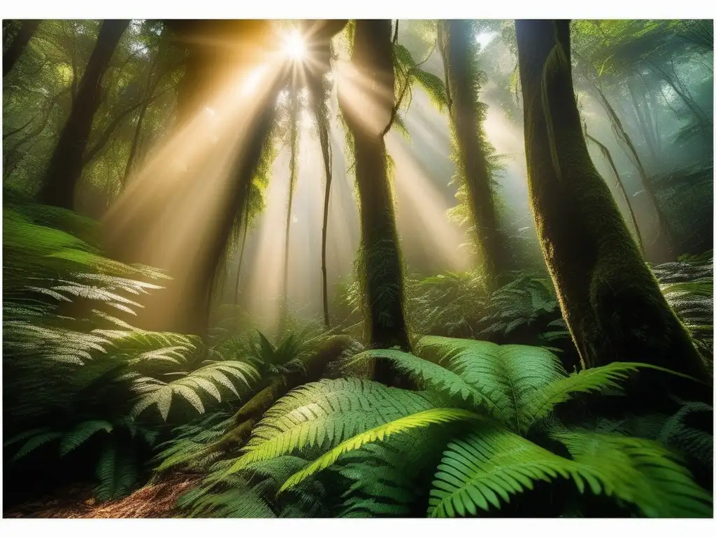 Bosque colombiano bañado en luz dorada con la Madremonte, protectora de bosques, en su esencia