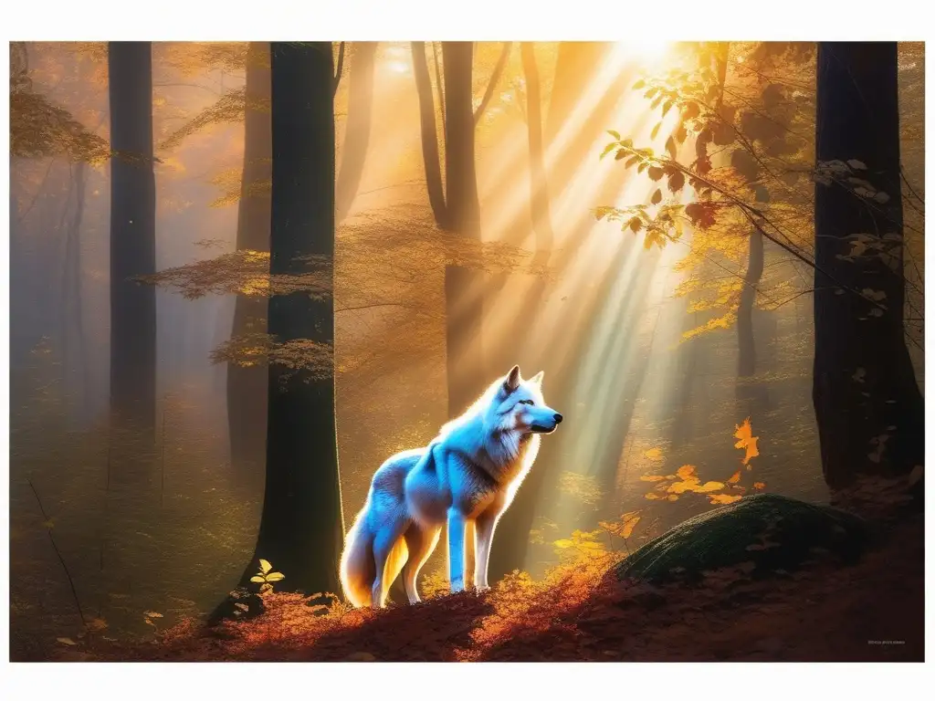 Criaturas mitológicas Cherokee enigmáticas en un bosque mágico al atardecer con un lobo blanco de ojos azules y aura protectora