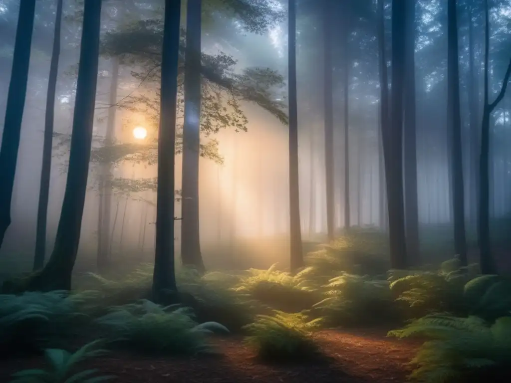 Un bosque denso y misterioso al atardecer, con una luna llena surgiendo sobre los árboles