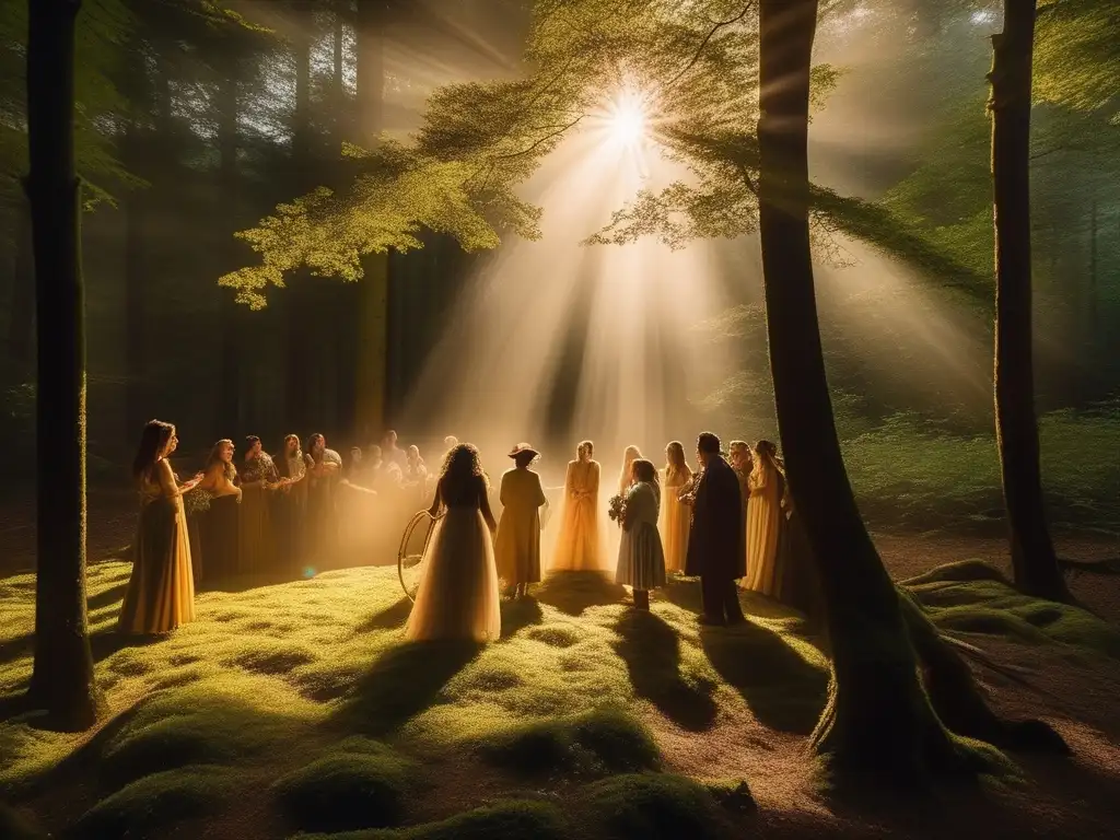 Imagen de celebraciones paganas modernas en un bosque iluminado por la luz dorada, con personas vestidas en tonos tierra y símbolos paganos