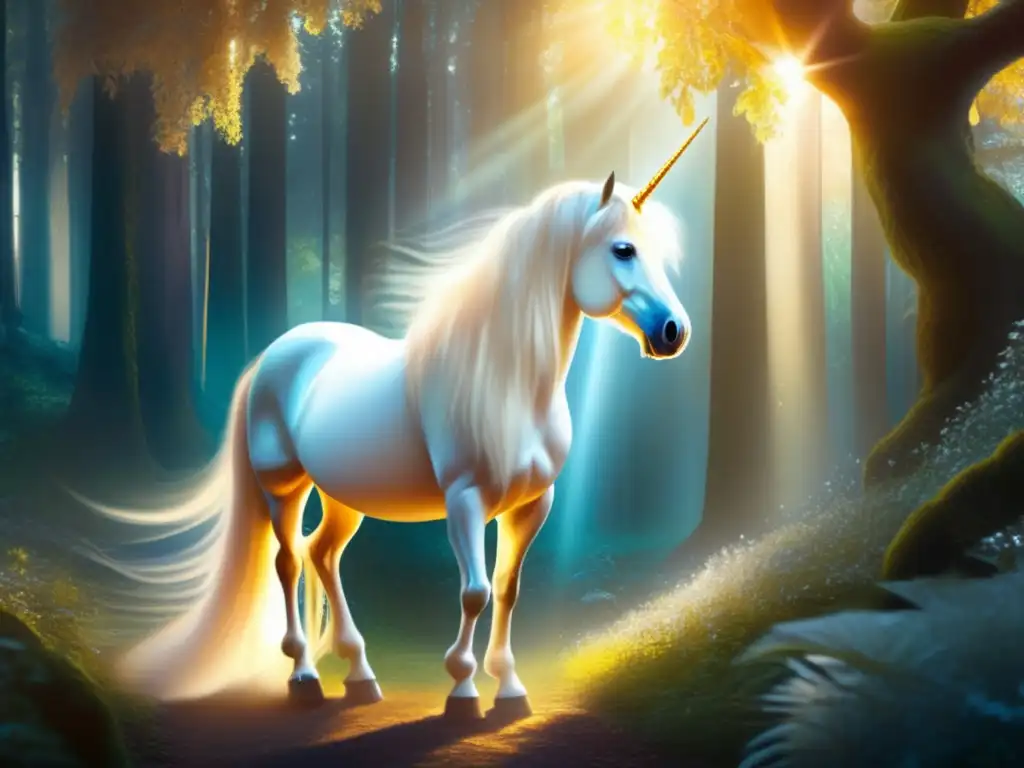 Criaturas mitológicas en literatura infantil, escena mágica con unicornio y fénix en bosque encantado