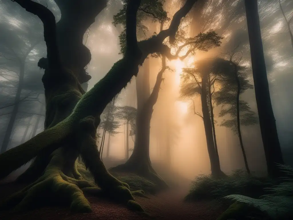 Un misterioso bosque al atardecer, con árboles ancestrales, neblina y un brillo mágico