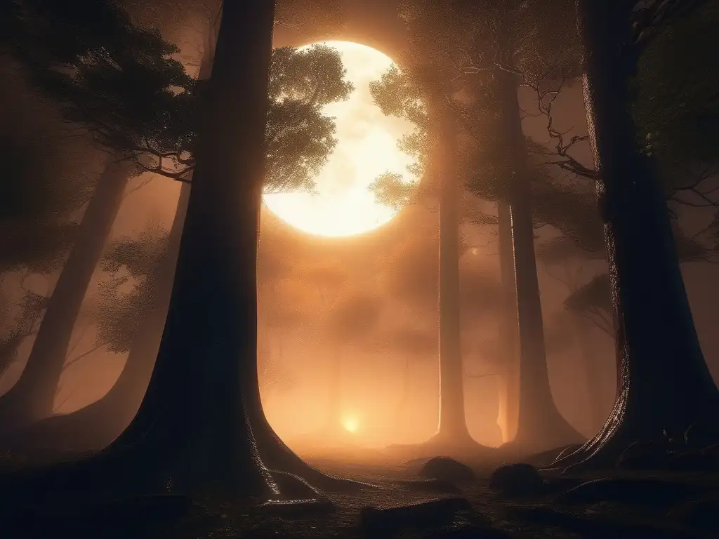 Bosque ancestral iluminado por la luna: simbolismo cultural del hombre lobo