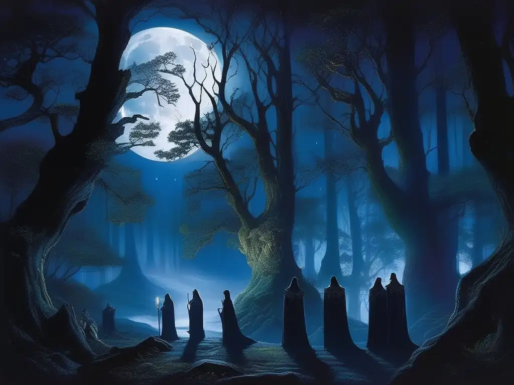 Secretos oscuros de los elfos en un bosque misterioso bajo la luna llena, con figuras de elfos oscuros en un ritual mágico