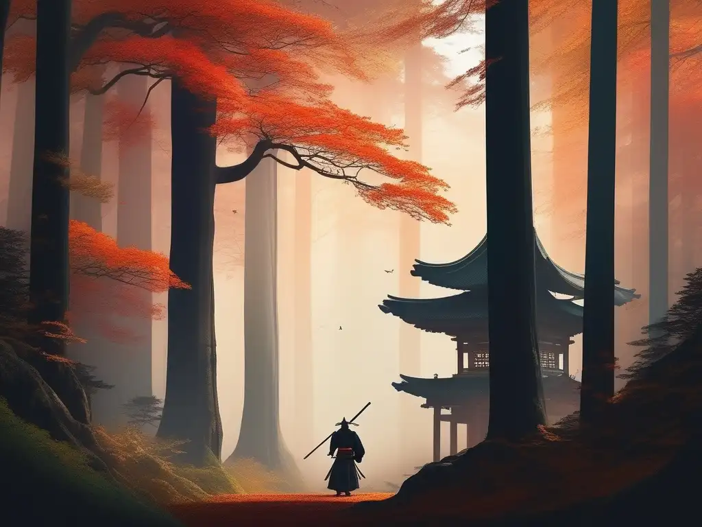 Bosque misterioso al atardecer con samurai y Tengu: Leyendas japonesas