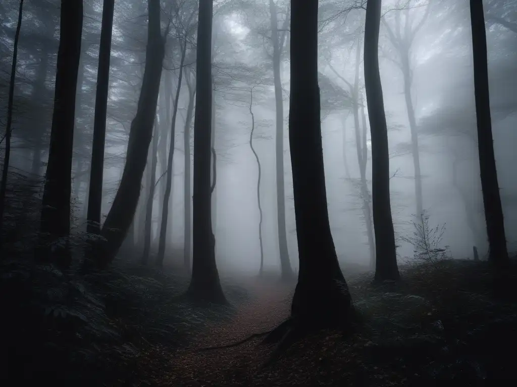 Bosque tenebroso con Slenderman, evocando misterio y origen