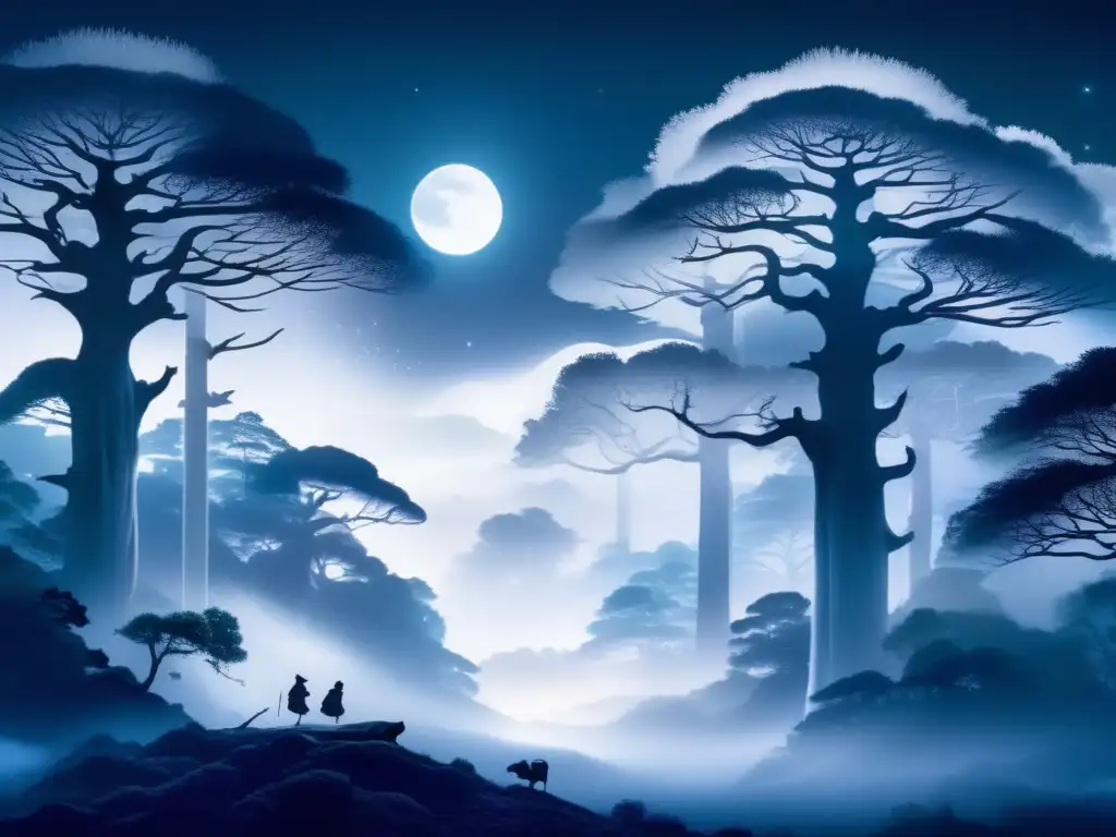 Bosque iluminado por la luna con un Yōkai Gashadokuro aterrador