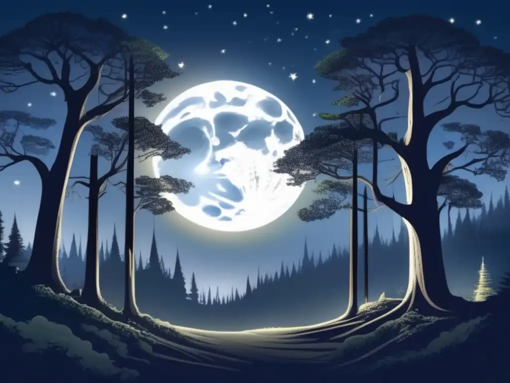 Criaturas nocturnas mitológicas aterradoras en paisaje místico con luna llena y bosque oscuro