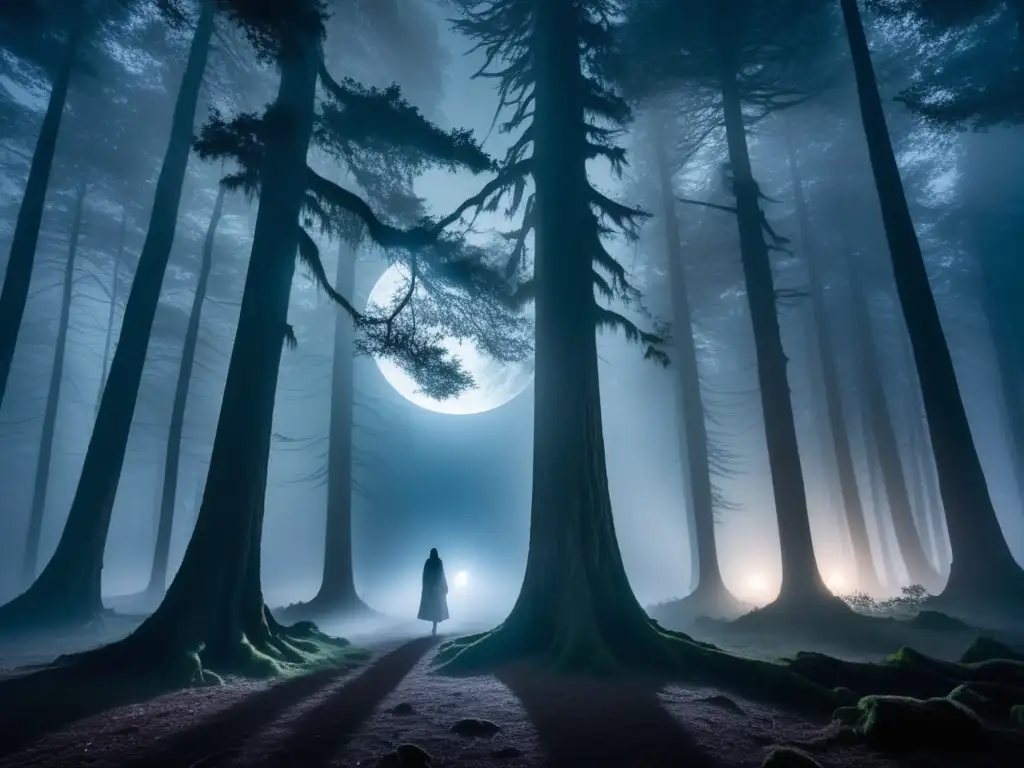 Bosque misterioso con árboles antiguos, figura en sombras, criaturas míticas y espíritu de la Edad Media