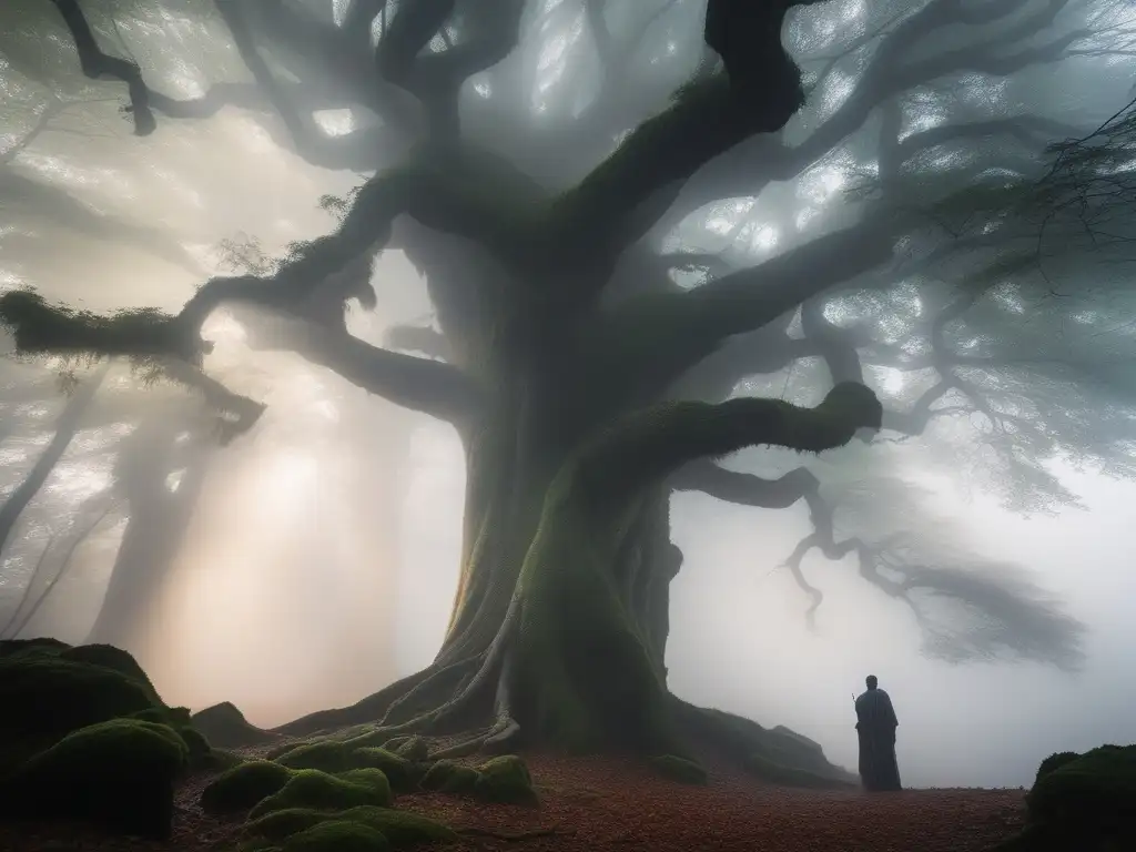 Bosque nebuloso con árboles antiguos y figura enigmática - Tengu: Cambiaformas mitológicos japoneses