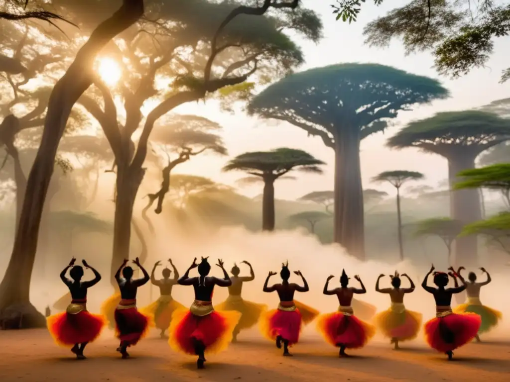 Imagen: Espíritus de la naturaleza africanos danzando en bosque místico al atardecer, conexión con la naturaleza a través de danza y música