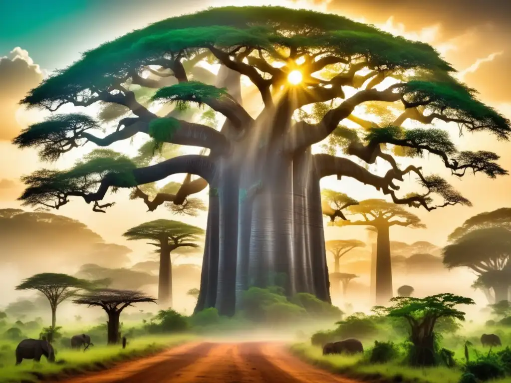 Espíritus de la Mitología Africana en la selva mística con un majestuoso Baobab