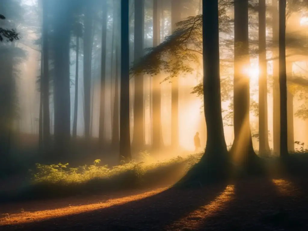 Bosque brumoso al atardecer, donde un hombre lobo simboliza la lucha entre humanidad y bestialidad