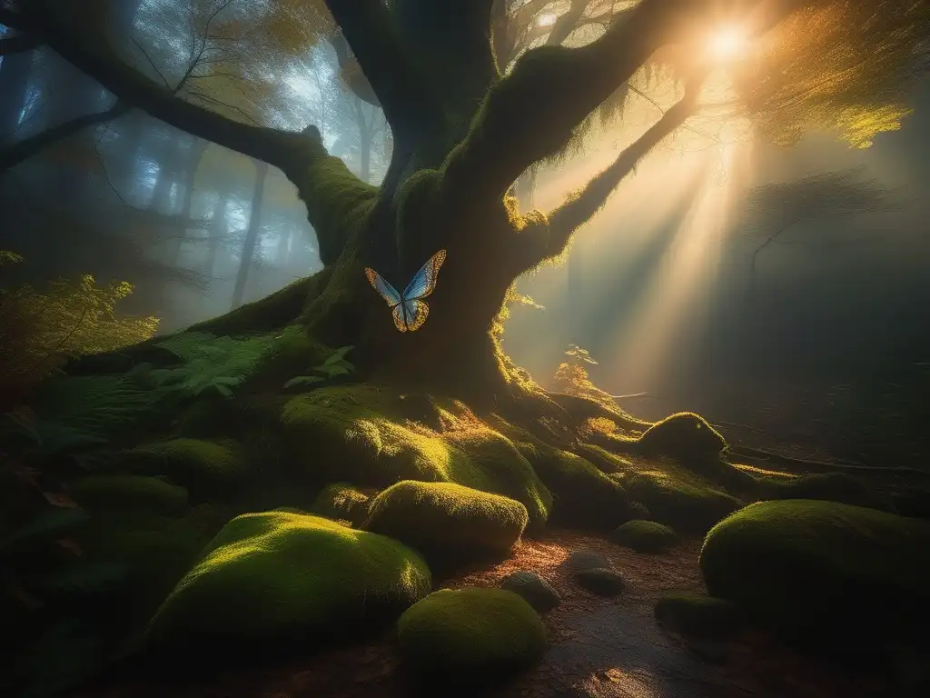 Un bosque místico al atardecer, con una bruma etérea