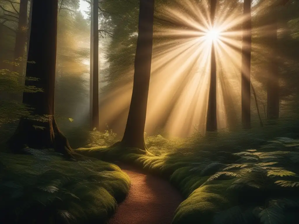 Bosque mágico con árboles majestuosos y espíritus de la mitología asiática