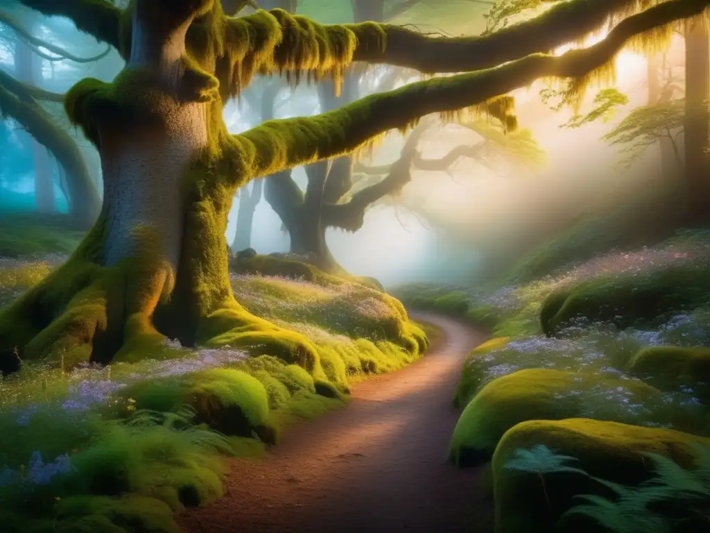 Un bosque místico al atardecer, bañado en luz dorada
