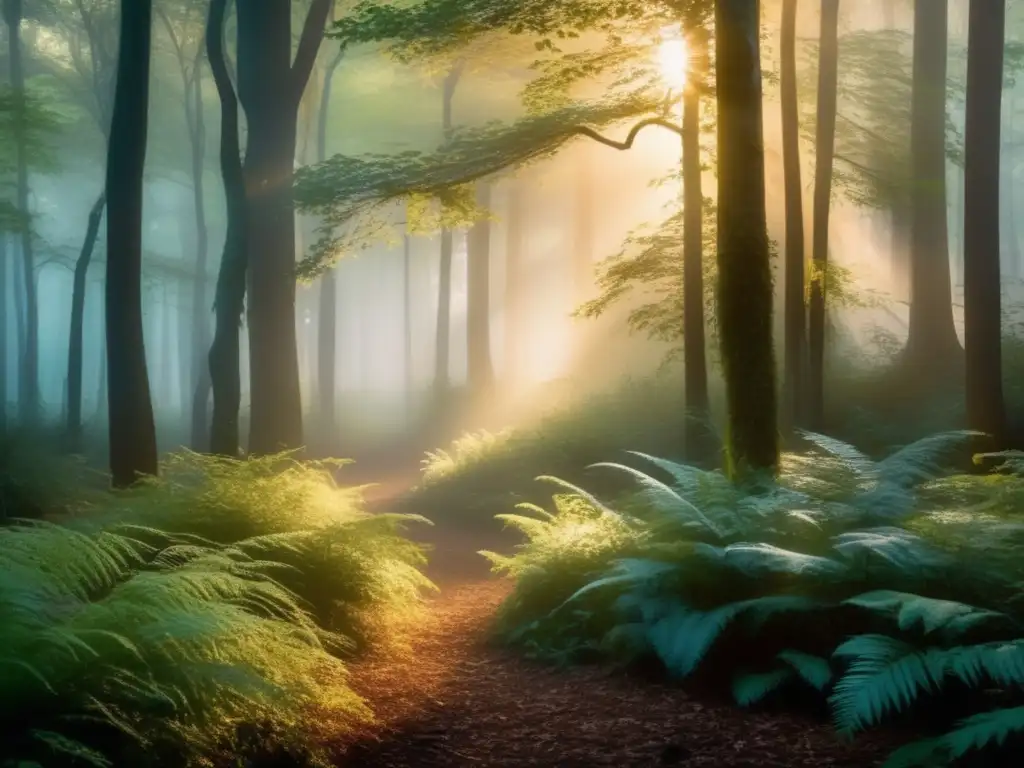 Bosque místico al atardecer, con ninfas etéreas y encantadoras