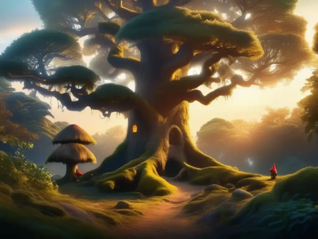 Bosque místico al atardecer con gnomos y hongos luminosos Un místico bosque al atardecer con gnomos y setas mágicas