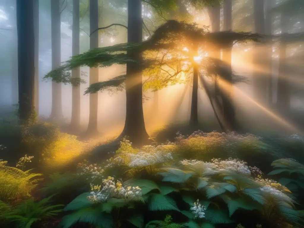 Bosque místico al atardecer, con espíritus y naturaleza en mitología australiana