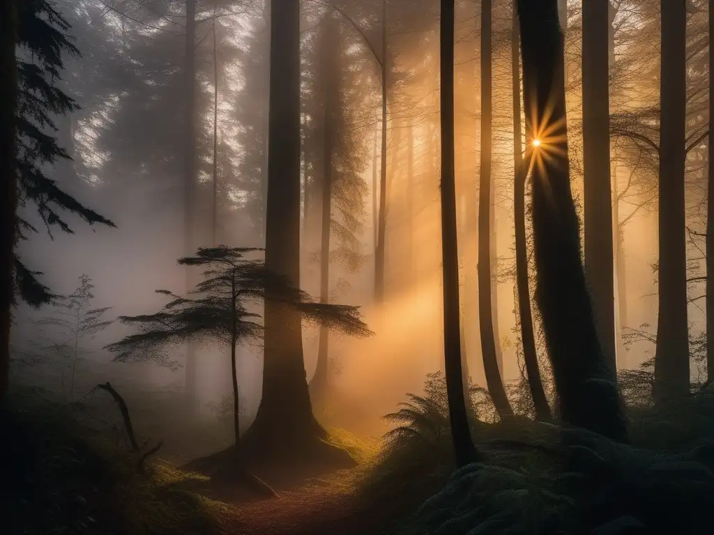 Bosque denso al anochecer con la leyenda europea del Wendigo