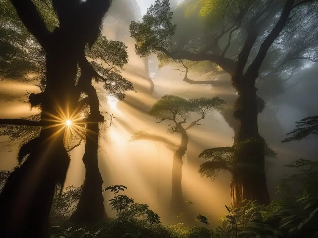 Espíritus mitología asiática en mágico bosque brumoso con cascada majestuosa
