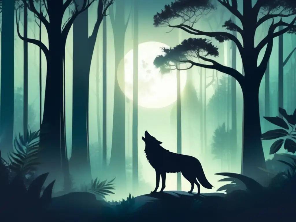 Un bosque místico iluminado por la luna, donde un ser lobo emerge en un entorno mitológico-