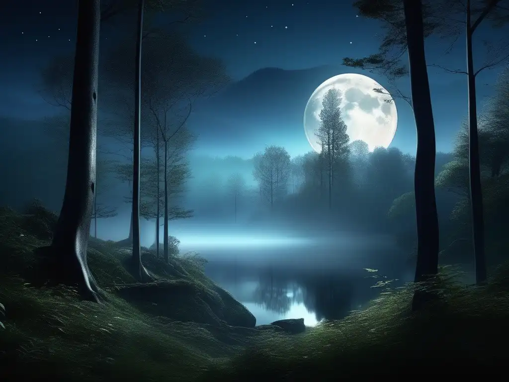 Criaturas míticas nocturnas y la luna en un bosque misterioso