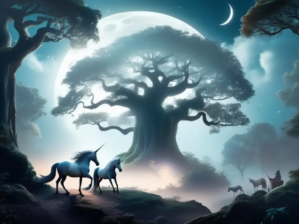 Bosque místico bañado por luna: unicornio alado, fénix, fauno y dragón