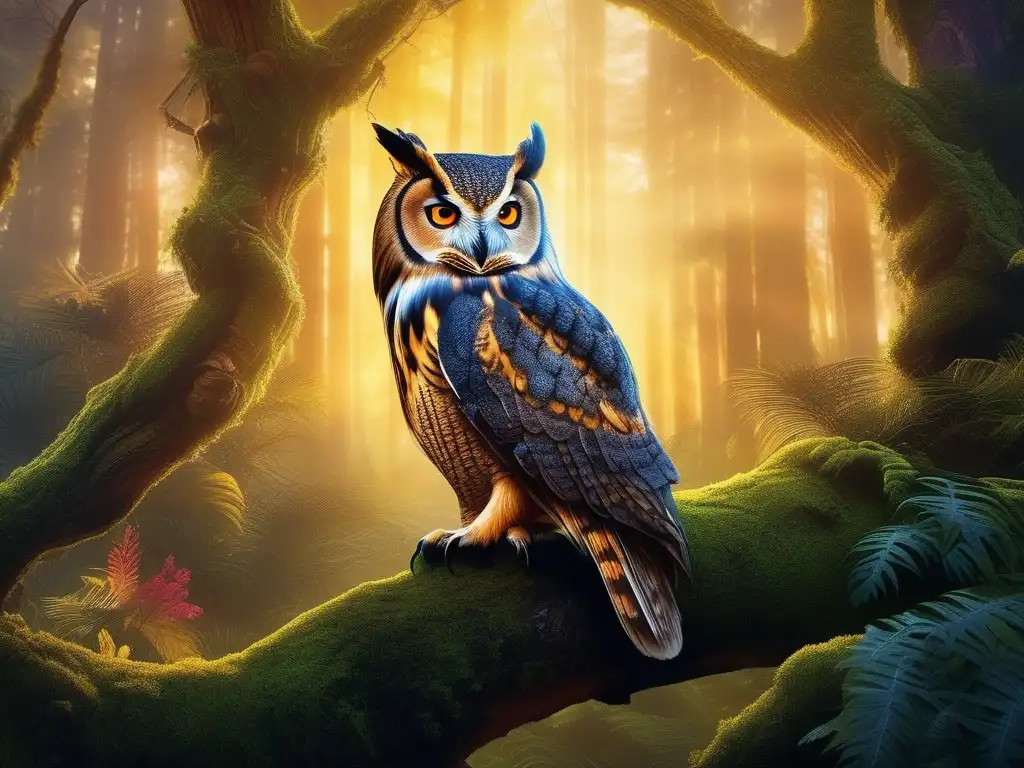 Bosque místico con búho tatuado Tatuajes de Búhos: Significado y simbolismo en un bosque mágico al atardecer con un búho tatuado en un árbol