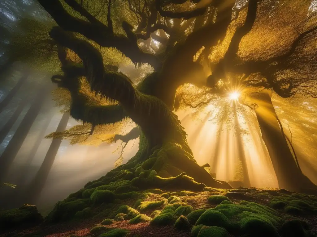 Un bosque vasto y neblinoso, con árboles antiguos y altos, iluminado por la luz dorada del sol filtrándose entre la densa vegetación