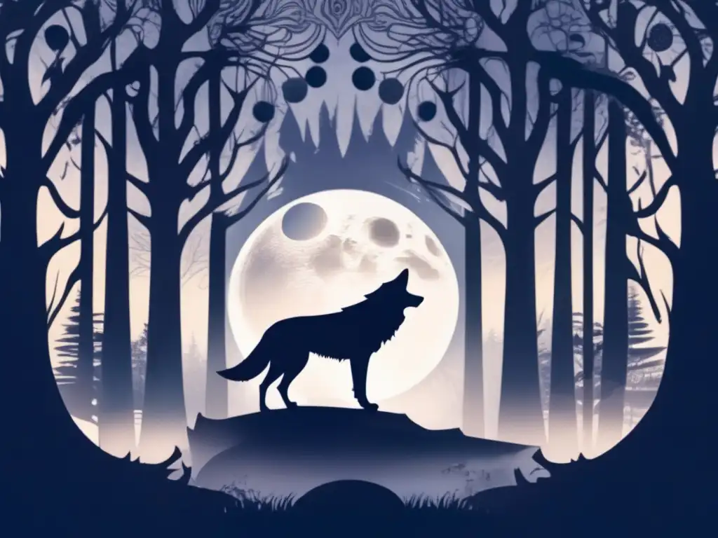 Bosque mistico, luna llena y tatuajes de lobos Un hombre lobo con tatuajes de lobos y fases lunares bajo la luna llena en un bosque místico