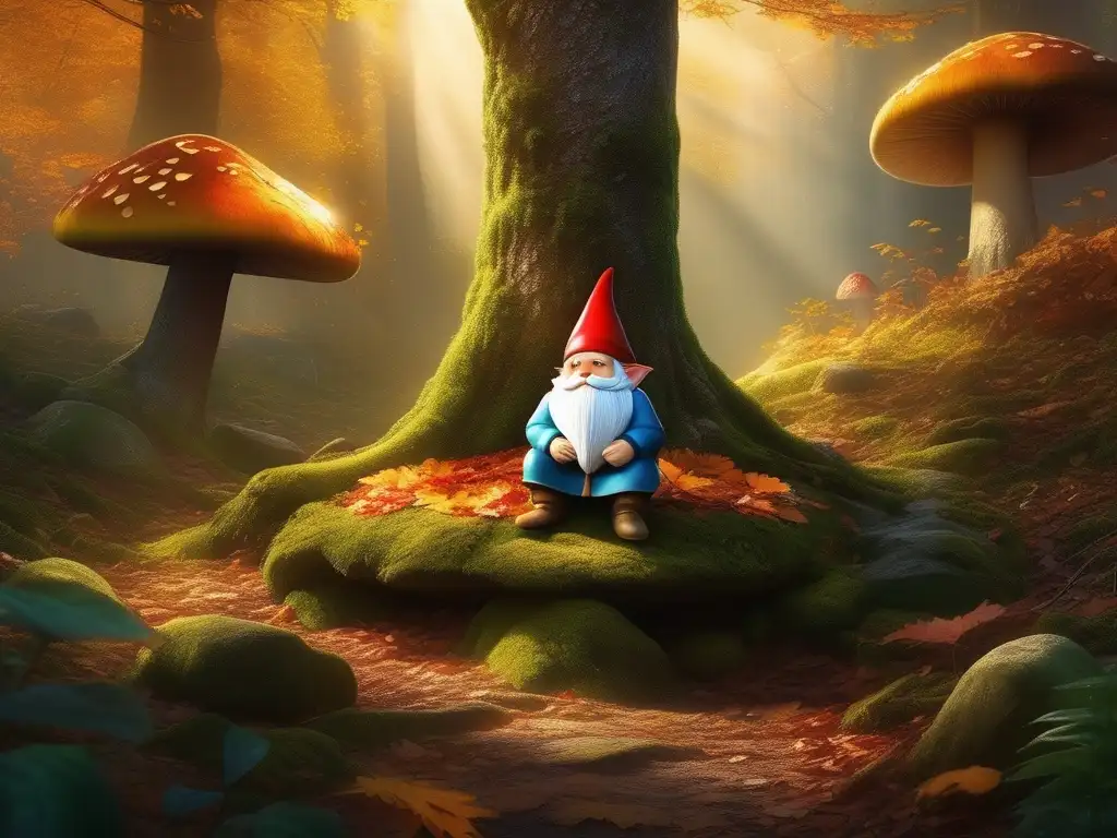 Bosque místico y encantado con gnomo y libro Bosque encantado con un gnomo en el trono, libro de cuentos iluminado y mariposas danzantes