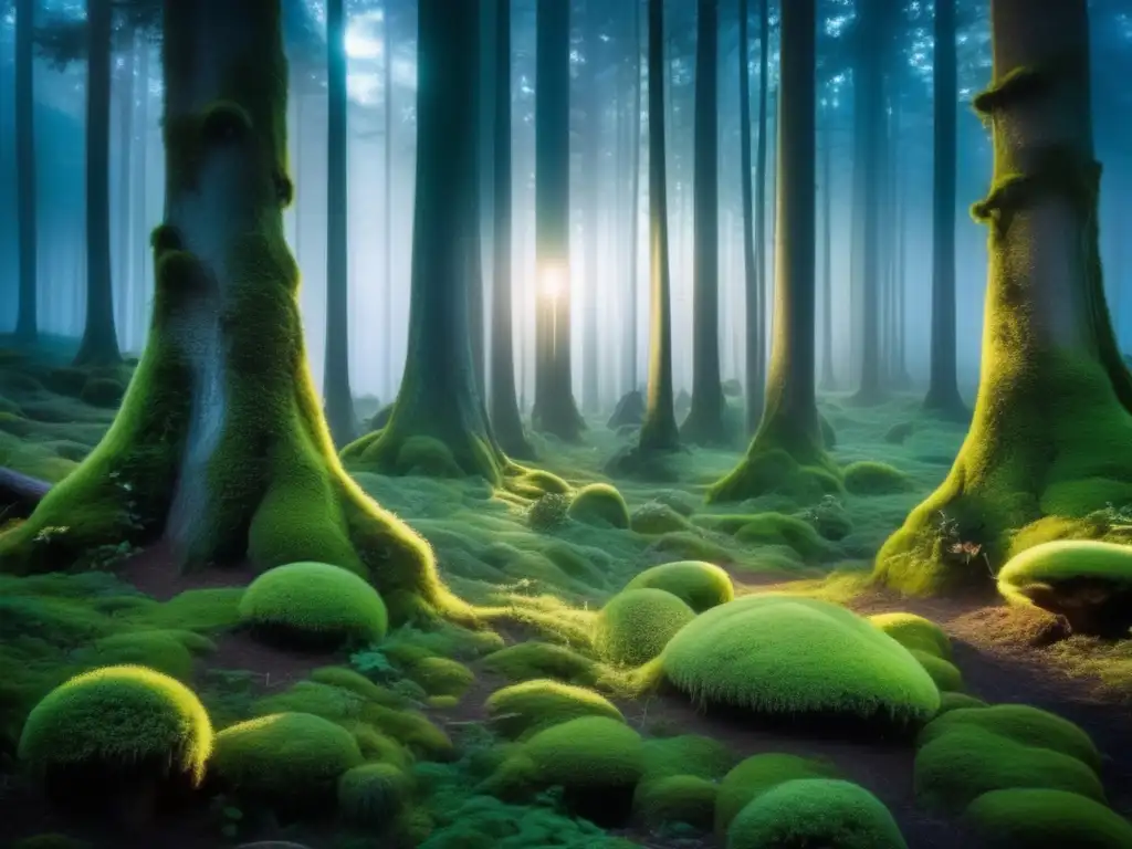 Bosque místico al anochecer con gnomos tatuados Bosque místico al anochecer, con árboles altos, musgo luminoso, niebla y gnomos con tatuajes simbólicos