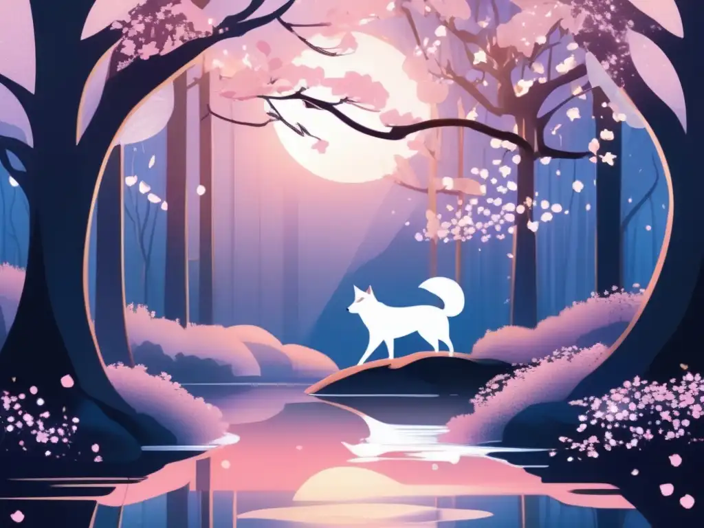 Un sereno bosque bañado en el crepúsculo con un místico Kitsune, cambiaformas mítico japonés, en su centro