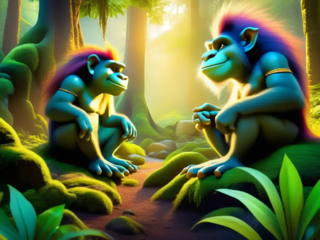 Trolls antiguos, personajes carismáticos, bosque místico y encantador con colores etéreos