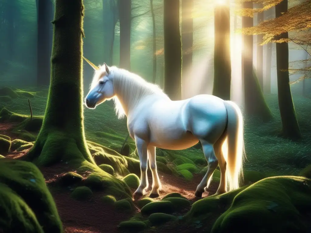 Imagen mágica: Bosque místico con unicornio y criaturas mitológicas mágicas