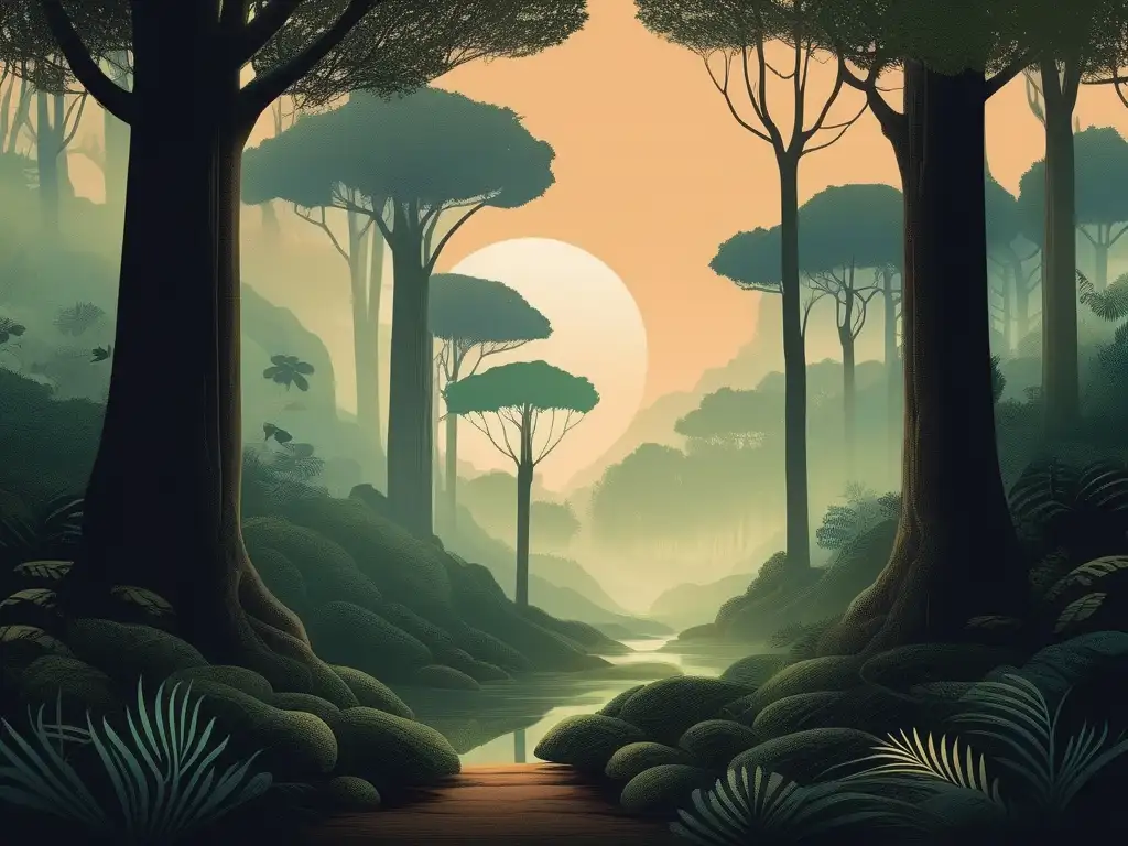 Ilustración mística de un bosque denso al atardecer con los Espíritus de la Selva en la Mitología Americana